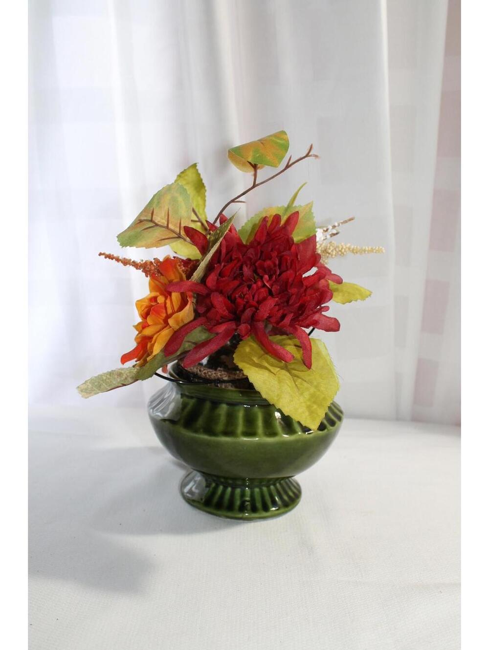 Mid Century American Bisque Round Green Pedestal Planter